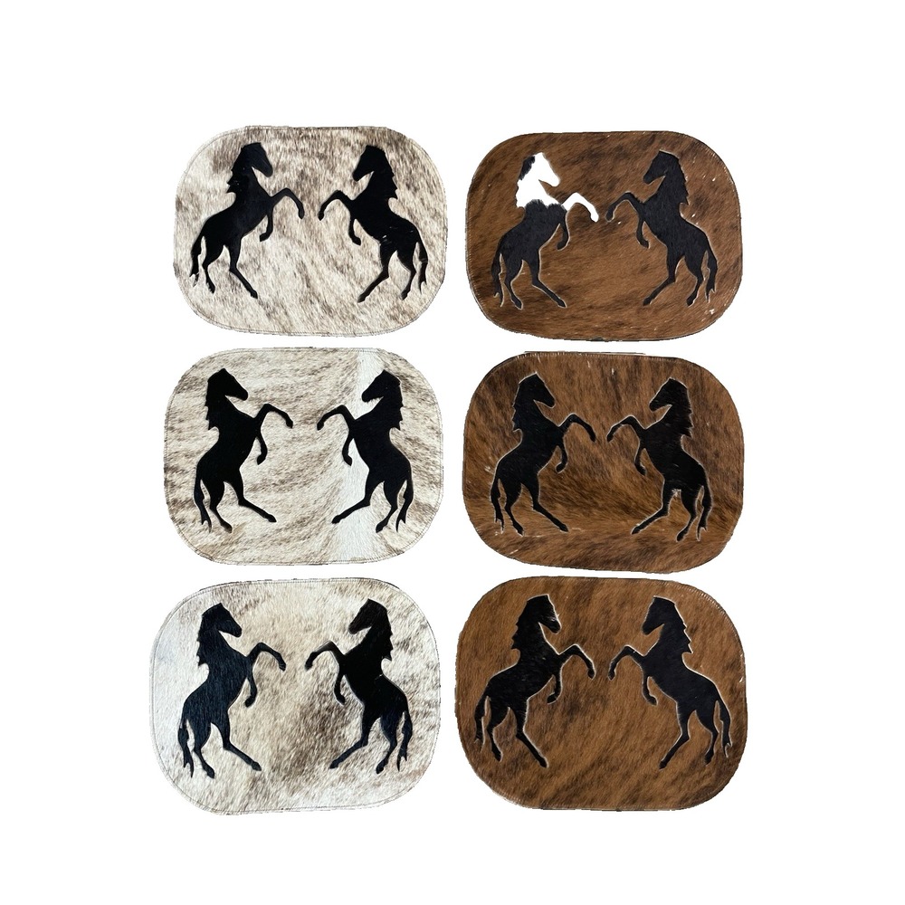 Set of 6 Hide‎ On Leather Cowhide Horse Patchwork Placemats 3 Light 3 Dark